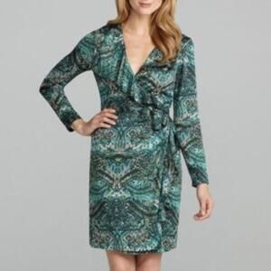 Antonio Melani Size 0 Wrap Dress Long Sleeve Midi Green & Blue Paisley Print